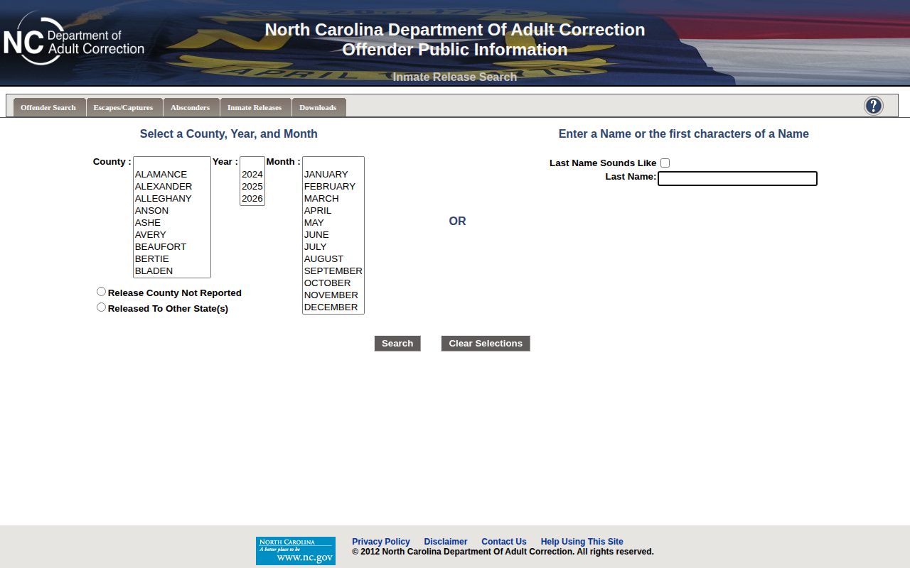 NCDAC inmate release search for Beaufort County state prison release records